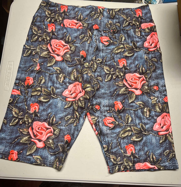 Denim Print Rose Biker Shorts - Size TC