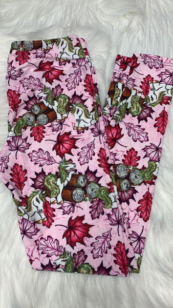 Pink Fall Leaves & Unicorns Leggings