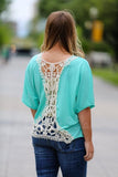 Teal Crochet Open Back Dolman Top