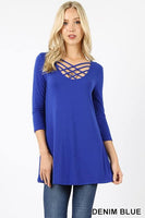 Denim Blue 3/4 Sleeve Lattice Top