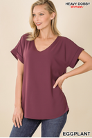 Eggplant Rolled Sleeve V-Neck Top