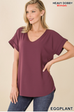 Eggplant Rolled Sleeve V-Neck Top