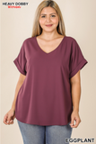 Eggplant Rolled Sleeve V-Neck Top