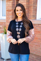 Black w/ Rose Gold Sequin Bubble Sleeve Top