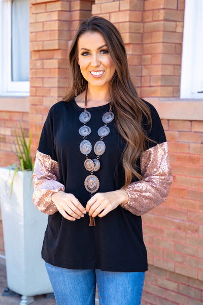 Black w/ Rose Gold Sequin Bubble Sleeve Top