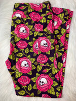 Vibrant Skull Floral Lime Leggings -with Pockets