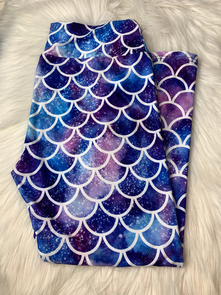 Purple Galaxy Mermaid CAPRI Leggings, KIDS AND ADULTS